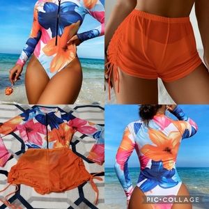 🧡2 piece Shein One Piece Long Sleeve Zipper Swimsuit Mesh Shorts Large L Orange